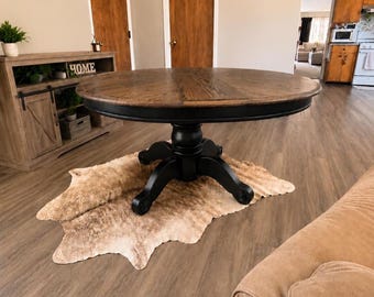 FREE SHIPPING Rustic Oak Pedestal Dining Table with Leaf | Round Farmhouse Kitchen Table