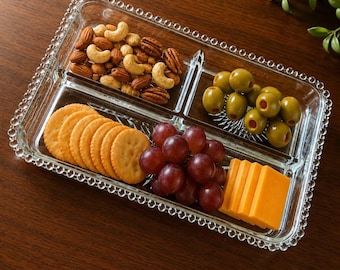 Vintage rektangulär delad glasfat | Serveringsskål med hobnailkant och stjärnform | Snacksfat i mitten av århundradet | Pressat glas