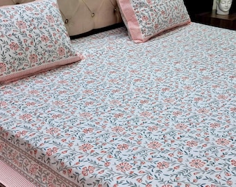 Block Printed Cotton Bed Sheet Set | Pink Cotton Quilt Comforter and Pillowcases Luxury Bedding Bedspread, Handmade Gifts
