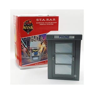 May include: A gray plastic toy phone booth with the word PHONE printed on the top. Beside it is a red and white cardboard box labeled S.T.A.R.A.S. SURFACE TO AIR RADAR ASSULT SYSTEM and MASK, featuring an illustration of the phone booth in action.