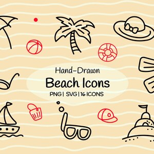 May include: Hand-drawn beach icons in black and red on a beige background. The icons include an umbrella, palm tree, sunglasses, a beach ball, a hat, a life preserver, flippers, a sailboat, a bucket, a snorkel mask, a cap, and a sandcastle.