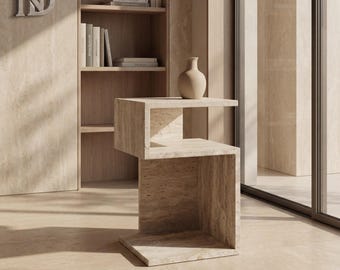 Handmade Travertine Side Table - Book Shelf