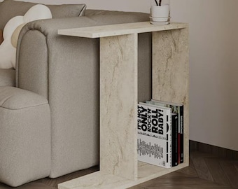 Travertine C Table – Handmade Natural Stone Sofa Side Table with Storage Shelf
