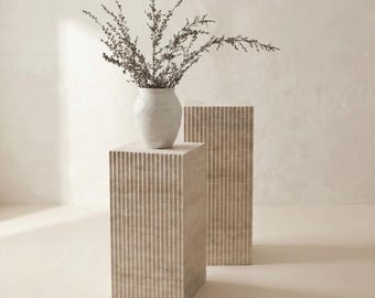 Travertine Pedestal Handmade Fluted  – Sculptural Natural Stone Plinth for Vase or Art Display
