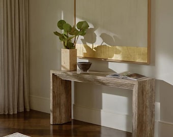 Modern Travertine Console Table – Handmade Fluted Entryway Table | Minimalist Natural Stone Furniture