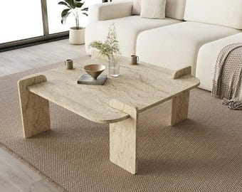 Travertine Coffee Table – Sculptural Stone Center Table, Minimal Luxury Living Room Decor