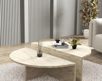 Travertine Coffee Table Set – Sculptural Natural Stone Furniture – Handcrafted – Made to Order – Custom Size