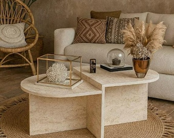 Travertine Coffee Table, Natural Stone Center Table, Modern Minimalist Living Room Furniture