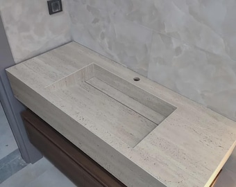 Travertine Sink with Concealed Drain, Wall-Mounted Bathroom Sink