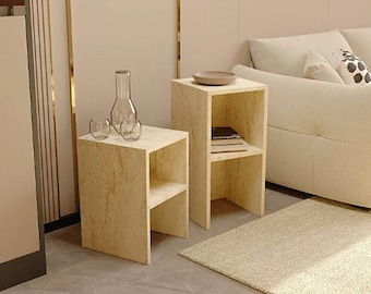 Handmade Travertine Side Table with Shelf – Natural Stone Pedestal or Book Storage Table