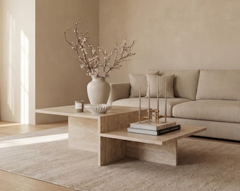 Travertine Coffee Table | Handmade Natural Stone Center Table | Modern Minimal Home Decor