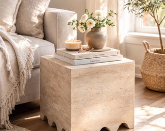 Modern Travertine Side Table – Sculptural Stone Accent Table with Scalloped Base, Minimalist Luxury Decor