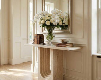 Sculptural Stone Entryway Table – Contemporary Beige Hallway Accent – Elegant Architectural Sofa Stand