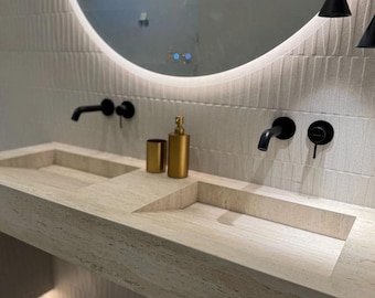 Travertin-Spülbecken mit verdecktem Ablauf, Wand-Design-Spülbecken mit Doppelschüssel, Naturstein.