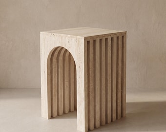 Handmade Travertine Side Table – Fluted Arch Pedestal, Minimalist Sculptural Stone Accent Table