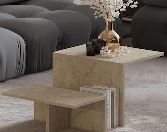Travertine Coffee Table Set – Sculptural Natural Stone Furniture – Handcrafted – Made to Order – Custom Size