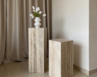 Silver Travertine Pedestal – Solid Natural Stone Plinth for Vase, Sculpture or Decor Display