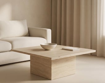 Handmade Travertine Coffee Table – Solid Stone Block Center Table, Minimal Luxury Living Room Decor