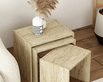 Travertine Nesting Tables Set – Natural Stone Side Tables, Minimal Space Saving Design