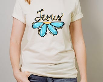 Jesus-Gänseblümchen-T-Shirt | Handbeschriftetes christliches Shirt mit Blumenmuster