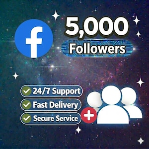 Op de afbeelding: Afbeelding met Facebook-logo en de tekst "5.000 volgers". Extra tekst omvat "24/7 Support", "Fast Delivery" en "Secure Service". De achtergrond is een sterrenstelselontwerp met witte steraccenten.