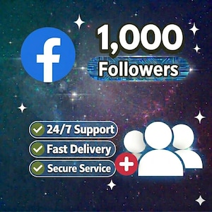 Può includere: Grafica digitale con un logo di Facebook, il testo "1.000 Follower" e icone per supporto 24/7, consegna rapida e servizio sicuro. Lo sfondo è un design galattico blu scuro e viola con stelle bianche.