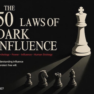 Puede incluir: Una portada de libro titulada The 50 Laws of Dark Influence con el subtítulo Psychology, Power, Influence, Human Strategy y el texto Understanding influence to protect free will. Una pieza de ajedrez de rey blanco proyecta una sombra sobre cuatro piezas negras.