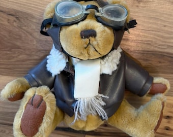 Oso de peluche de aviador con botones de latón originales, chaqueta de cuero de piloto y gafas de 9 pulgadas.