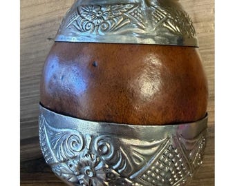 Taza de calabaza de yerba mate de alpaca argentina vintage con revestimiento floral de níquel plateado