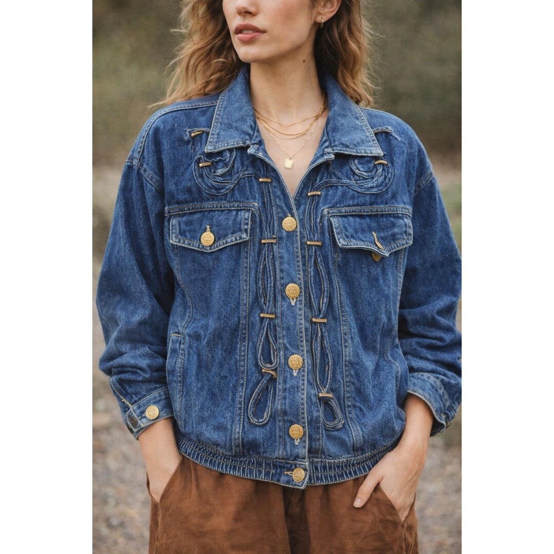 Jacket Rope Vintage 80s Denim Jacket Rope Trim Gold Buttons Oversized Western - Etsy