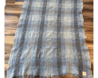 Manta vintage Hudson's Bay de mezcla de lana cepillada a cuadros, azul grisáceo, con flecos, 60x44 pulgadas.