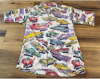 Camisa de hombre Paragraff talla L con estampado de coche clásico Cadillac Hot Rod Rockabilly