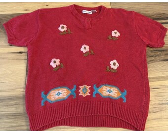 Jersey de punto vintage Carriage Court rojo de algodón ramio bordado floral, talla L