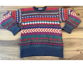 Suéter vintage Eagle Pass Fair Isle para hombre, talla M, ramio, algodón, colorido, estilo Coogi