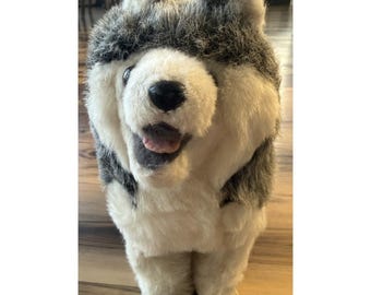 Peluche vintage de perro husky R Dakin, almohada para mascotas, 30 cm, gris y blanco, animal de peluche de los años 80.
