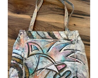 Bolso tote de cuero pintado a mano estilo Brit Rosen vintage, arte abstracto, Nueva York