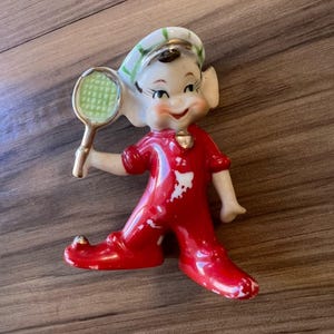 Vtg MCM keramik Pixie Elf Tennisspelare Figur Tillverkad i Japan