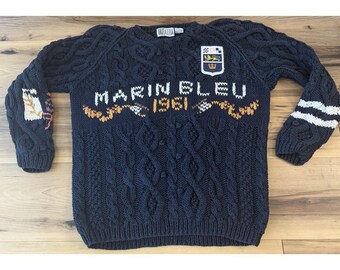 Vtg Tarazzia Marin Bleu 1961 Suéter de punto de cable Navy Ramie L Fisherman Coastal