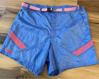 Pantalones cortos de senderismo de nailon talla XL para hombre, marca Columbia Sportswear, color azul y rosa, con cinturón estilo gorpcore de los 90.