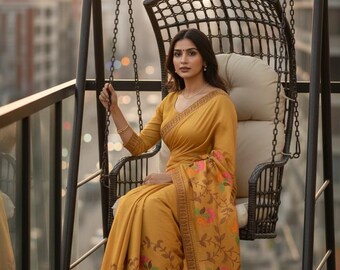 Sari de seda transparente con bordado floral amarillo, vestido étnico de diseño para fiestas (blusa sin coser).