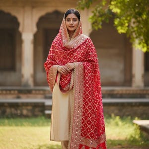 Puede incluir: Una mujer con un atuendo tradicional indio. El conjunto incluye un salwar kameez color crema y una dupatta roja vibrante con intrincados bordados y adornos dorados. La dupatta est&aacute; drapeada sobre la cabeza y los hombros, creando un contraste visual llamativo.
