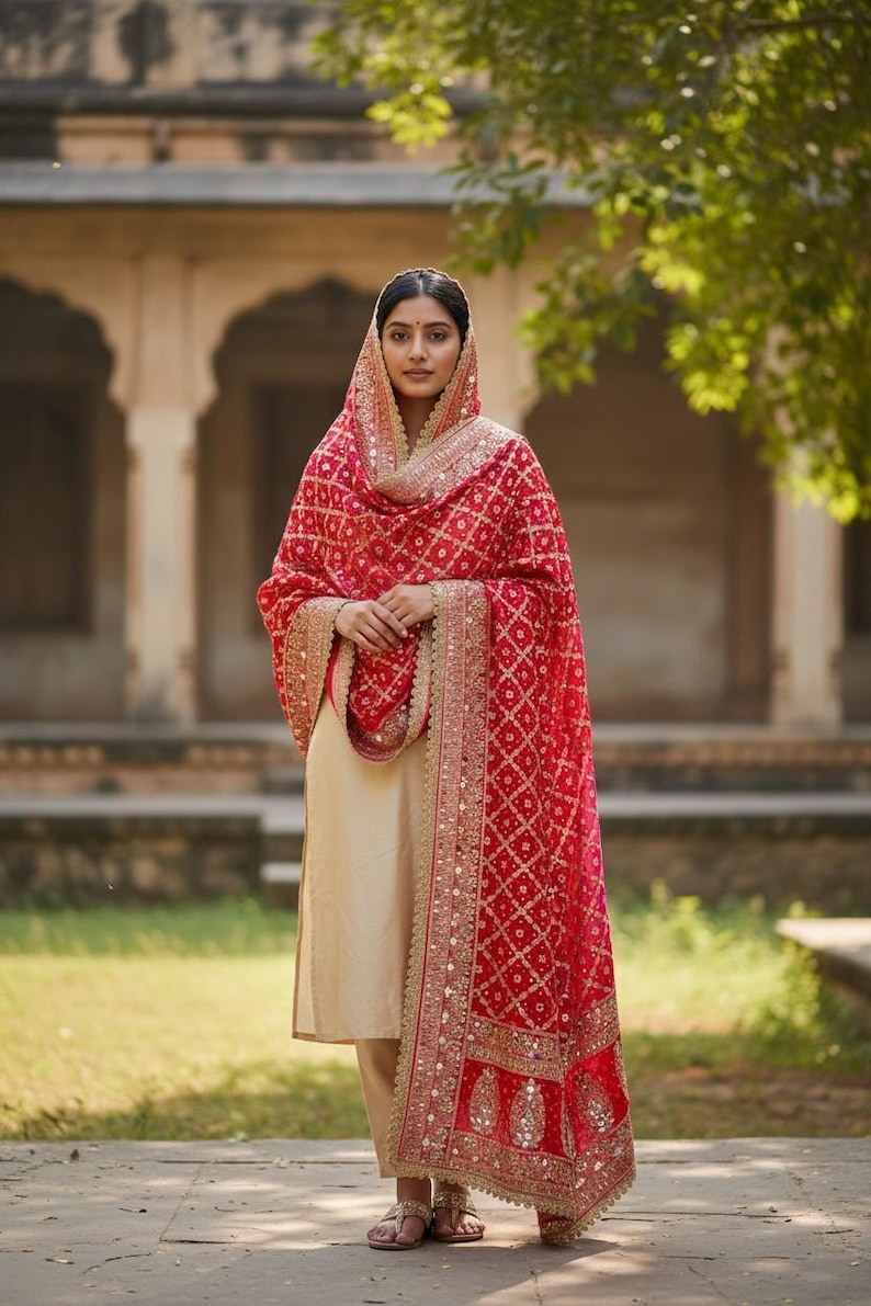 Puede incluir: Una mujer con un atuendo tradicional indio. El conjunto incluye un salwar kameez color crema y una dupatta roja vibrante con intrincados bordados y adornos dorados. La dupatta est&aacute; drapeada sobre la cabeza y los hombros, creando un contraste visual llamativo.