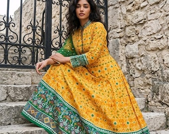 Yellow Patola Cotton Silk Anarkali Gown Set with Green Leggings & Dupatta (Size XL 42)