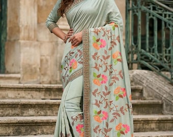 Sari de seda transparente azul hielo con bordados florales – Vestido étnico de diseño para fiestas (blusa sin coser)