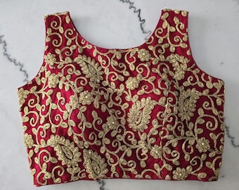 Blusa roja bordada, motivos florales dorados de cachemir, choli de novia talla 38