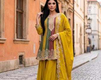 Traje palazzo bordado color amarillo mostaza / Traje indio festivo gharara salwar kameez (Talla 46)
