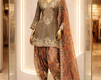 Traje estilo dhoti bordado en marrón dorado claro / Top peplum de gasa, pantalones acampanados / talla 42