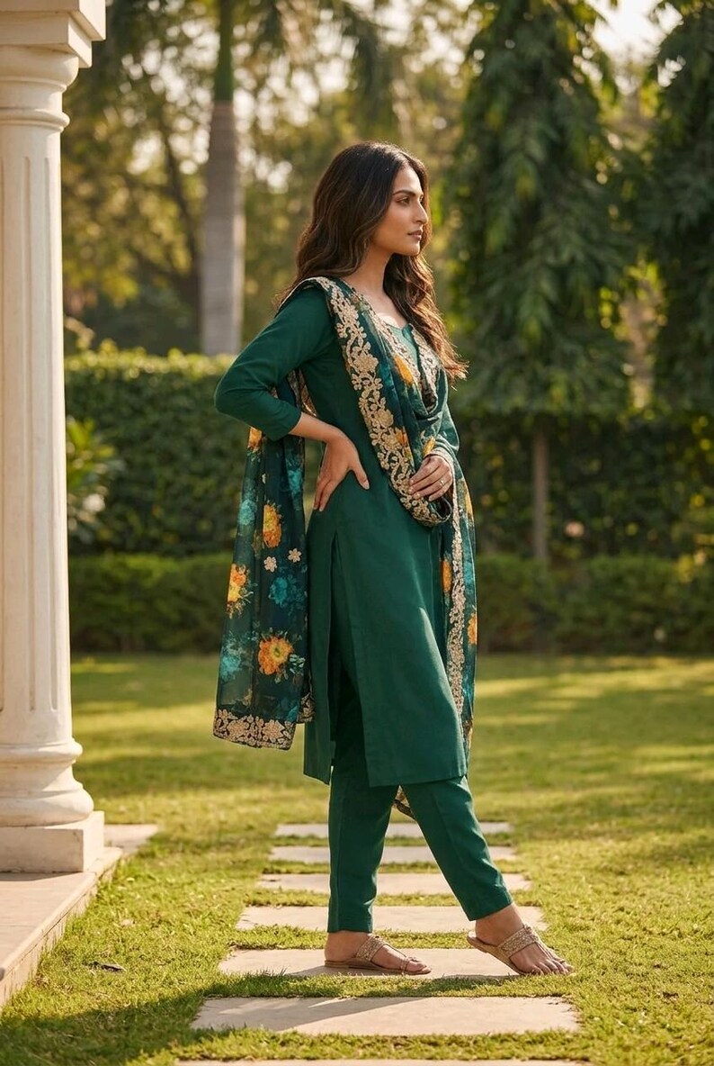 May include: A dark green salwar kameez ensemble. The outfit includes a long-sleeved tunic, matching pants, and a floral-patterned scarf. The scarf features a gold embroidered border and colorful floral designs. The outfit is worn with sandals.
