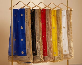Designer Organza Designer Dupatta Shawl with gold embroidery and a multi-colored, fringed border