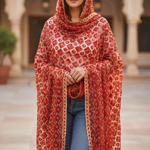Red Gold Phulkari Dupatta Shawl, Heavy Lavish Threadwork Ethnic Wrap Fusion